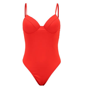 Sexy Push Up Swimwear Women's Swimsuits One Piece Red Strap Bodysuit High Cut Bathing Suits Ribbed Swimsuit
