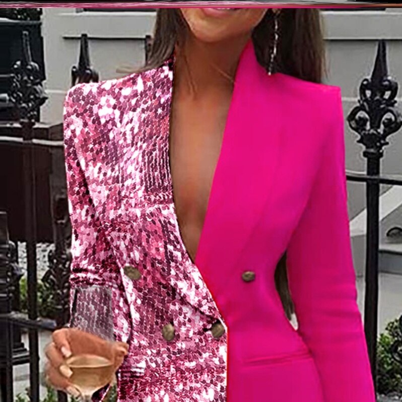 Long Sleeve Sequins Blazer Dress Glitter Contrast Stitching Large Professional V Neck Crepe Tuxedo Girl Fashion Gown Party Wear