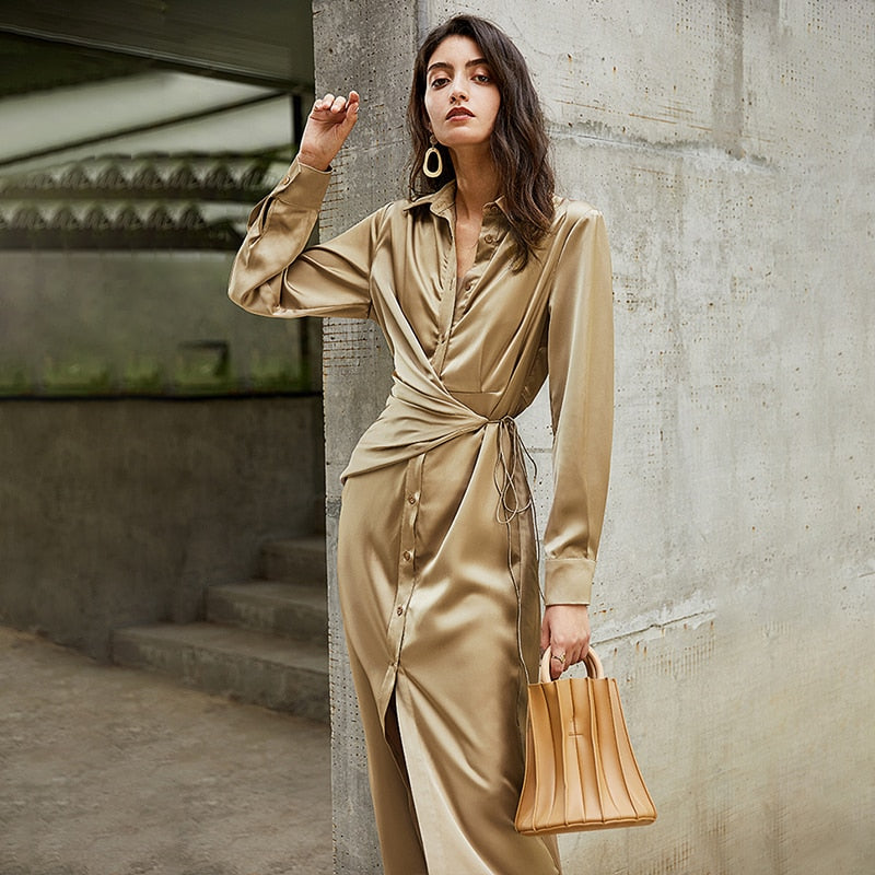 Tunic Shirt Lapel Long Sleeve High Waist Lace Up Midi Dresses khaki / L Tunic Shirt Lapel Long Sleeve High Waist Lace Up Midi Dresses khaki / L