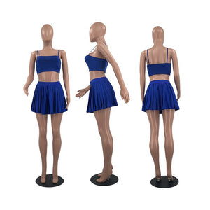 Summer Sports Pleated Skirt Sling Pure Color Tennis Suit Dress Set Sexy Vest Crop Top + A-line Mini Skirts Slim Two Piece Set