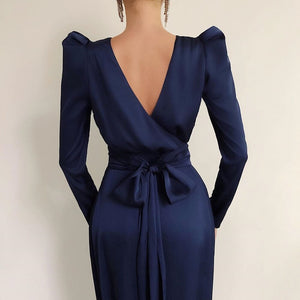 Solid Color O Neck Sexy Backless Bow Split Long Dress