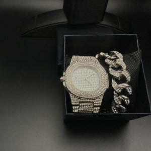 Ice Out Cuban Chain Gold Silver Color Crystal Watch Set With Box