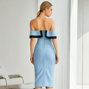 Off Shoulder Buttons Blue Bodycon Celebrity Evening Runway Party Dress
