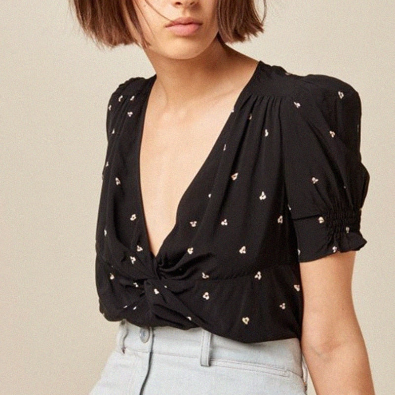 Floral Print Elastic Pleated Deep V Neck Black Blouse