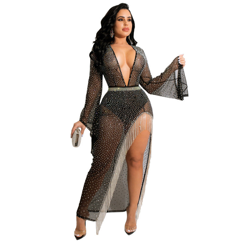 Mesh Rhinestone Tassel See-through Sexy Tight Evening Dress Women Dres Global Fashions GC Mesh Rhinestone Tassel See-through Sexy Tight Evening Dress Women Dres Global Fashions GC