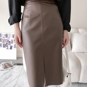 Elegant Pu Sheath Bottom New Women Autumn Women High Waist A- line Skirt Long Leather Skirt