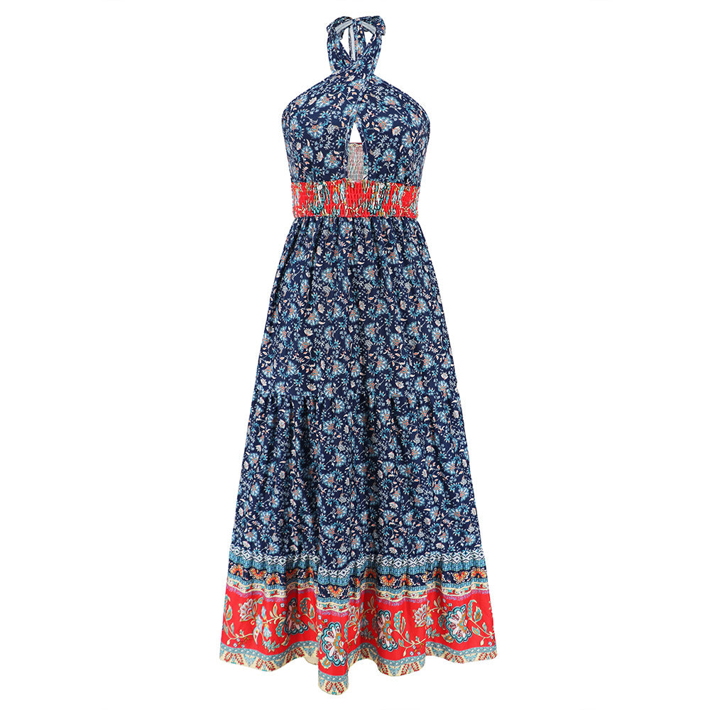 Sexy Crossover Lace up Halterneck Summer Criss Cross Women Clothing Bohemian Vintage Floral Dress