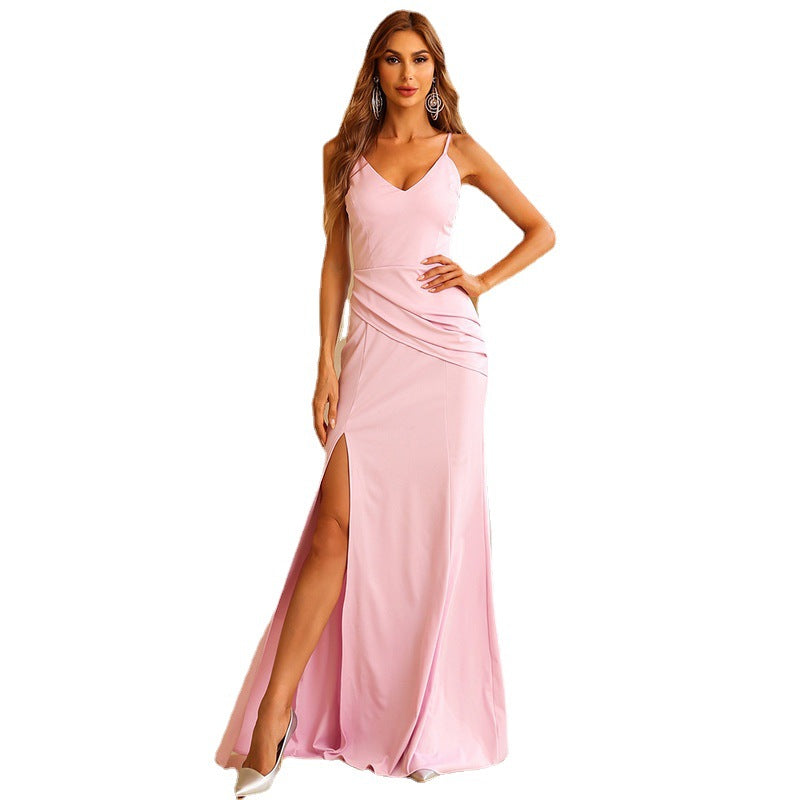 Socialite Sling Simple Elegant Long Sleeveless High-End Pink V-neck Evening Dress for Women Formal Gown