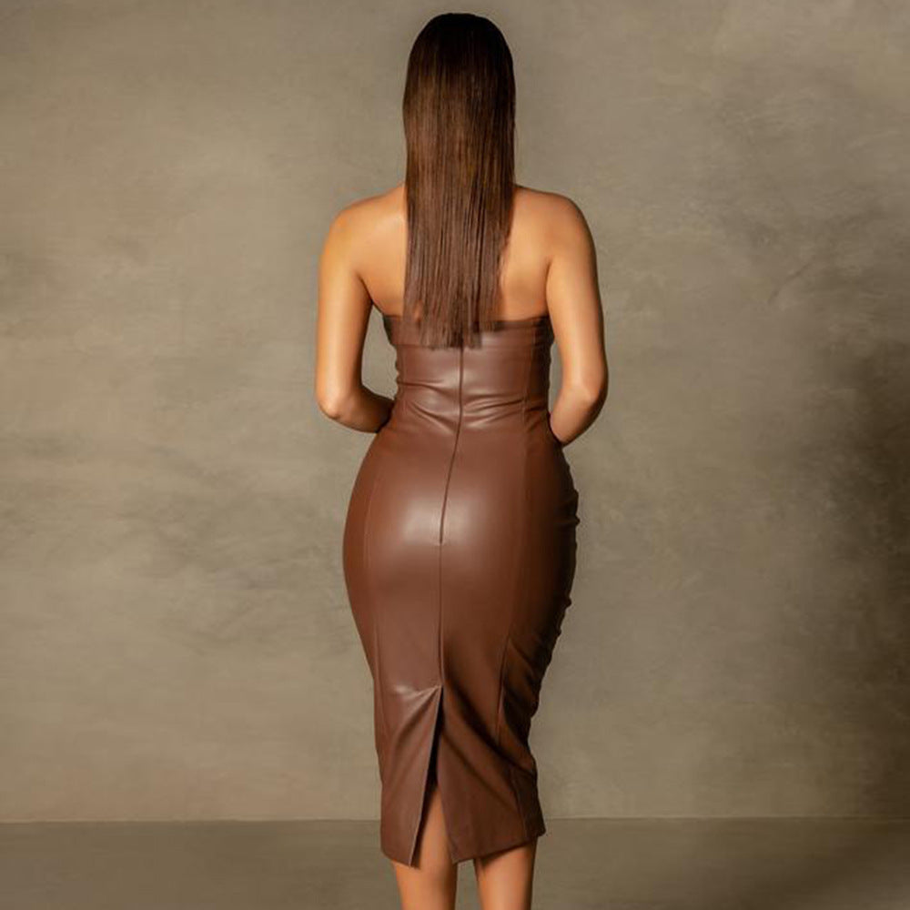 Autumn and Winter Solid Color PU Leather Elegant Slim-Fit Tube Top Back Slit  Sexy Midi Dress