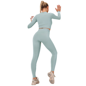 Spot  Sexy Long Sleeve Zipper Yoga Exercise Suit Breathable Skinny Running Trousers Workout Clothes Women  Suit