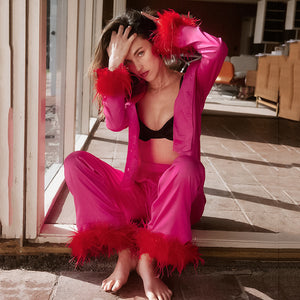 Summer Thin Exquisite Feather Pajamas Recommended Rose Red Fashion Casual Artificial Silk Home Wear Suit for Women