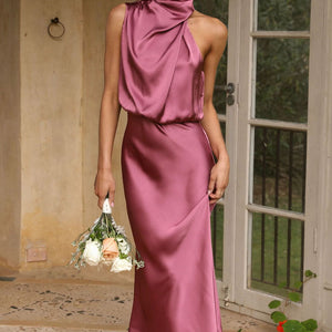 Summer Mature Elegant Women Clothing Sleeveless Halter Solid Color Satin Dress
