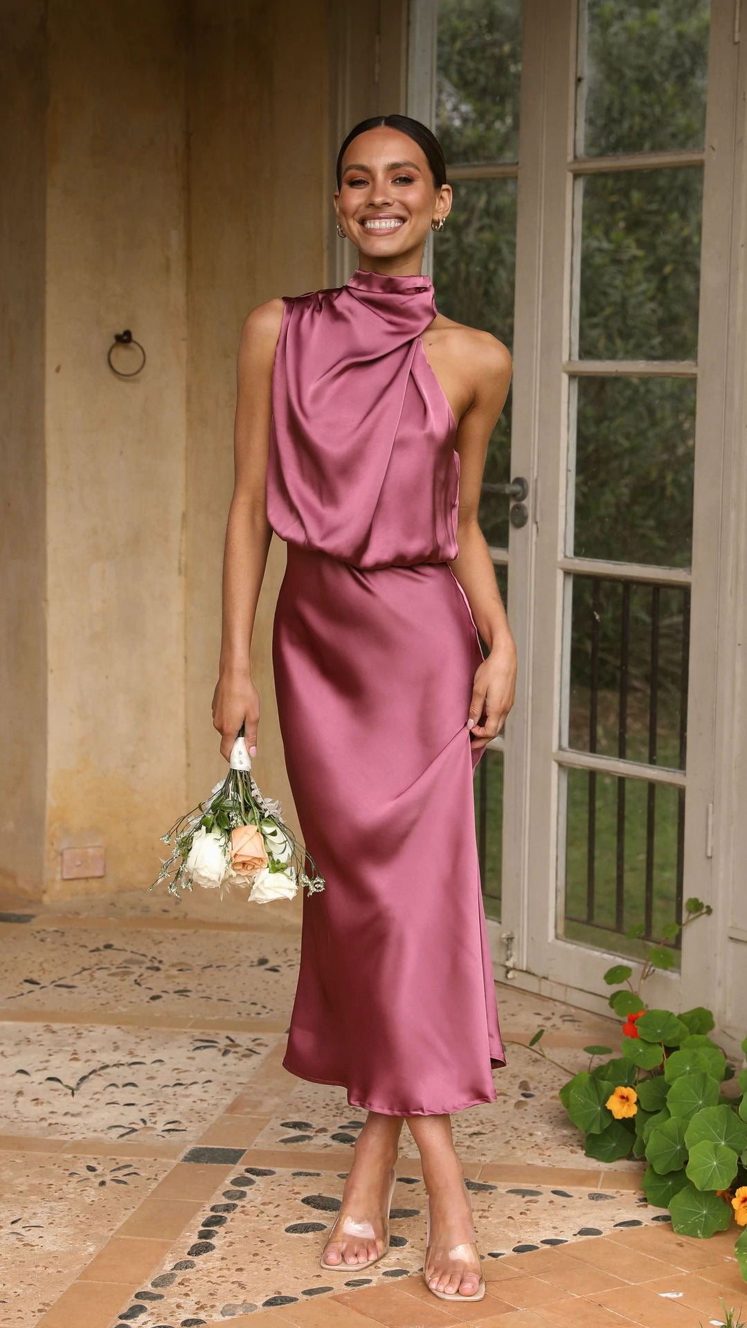 solid satin dress Solid Satin Backless Frill Maxi Dress Violet Aurora
