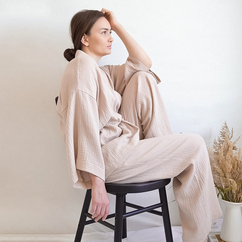 2022 Early Spring Solid Color Pajamas Suit Casual Loose Trousers Nightgown Cardigan Cotton Fashion Home Wear Women