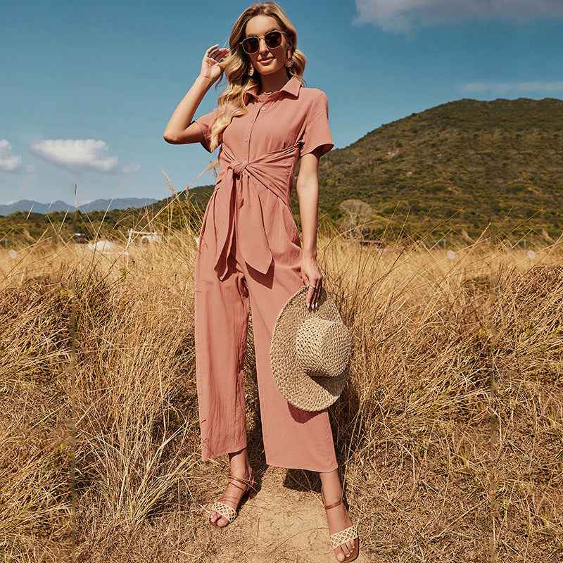 Women Clothing 2021 Summer New Fresh Casual Cotton Suit Collar Front Strap Wide Leg Jumpsuit for Women