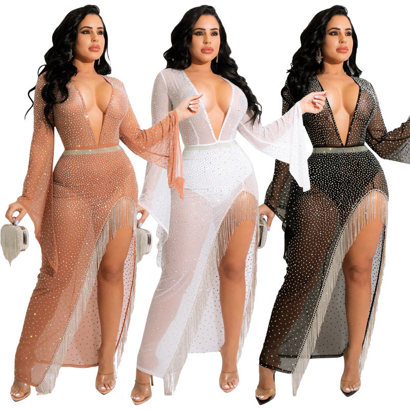 women's elegant pure color see through hot drilling evening dress Custom Glitter A-Line shimmer prom dress with Appliques, Crystals, Sequins, and Lace