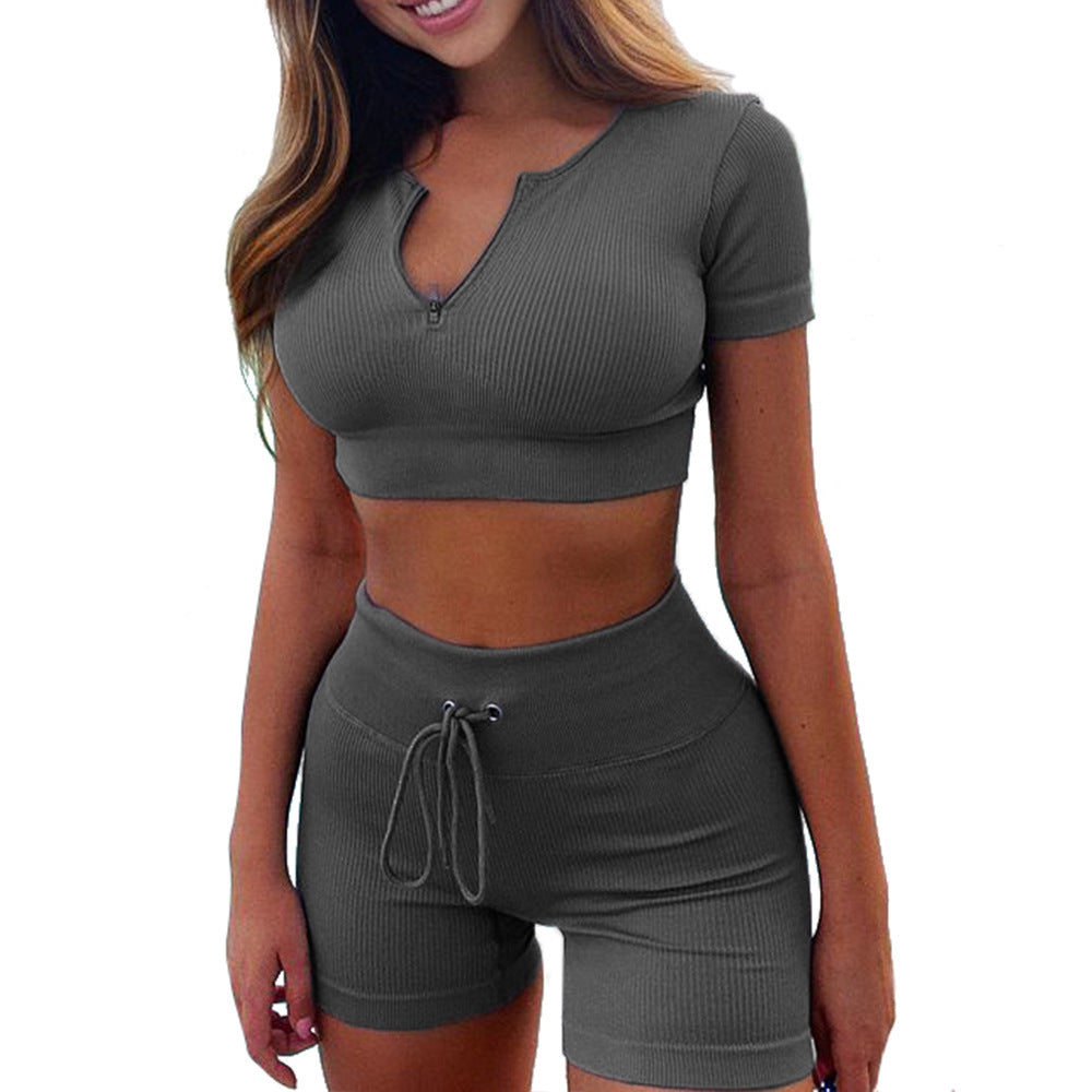 Seamless Sports Yoga Workout Clothes Short Sleeve Shorts Suit Drawstring Zipper New Women