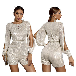 Women  Fashion Sequin Long Sleeve Sequined Casual One-Piece Shorts Jumpsuit Autumn