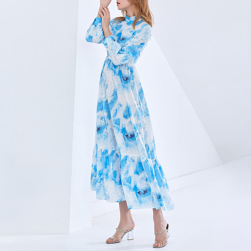 Vacation Style Tie Dyed Blue Dress 2021 Autumn New Small Stand Collar Chiffon Long Sleeve Patchwork Ruffled Dress