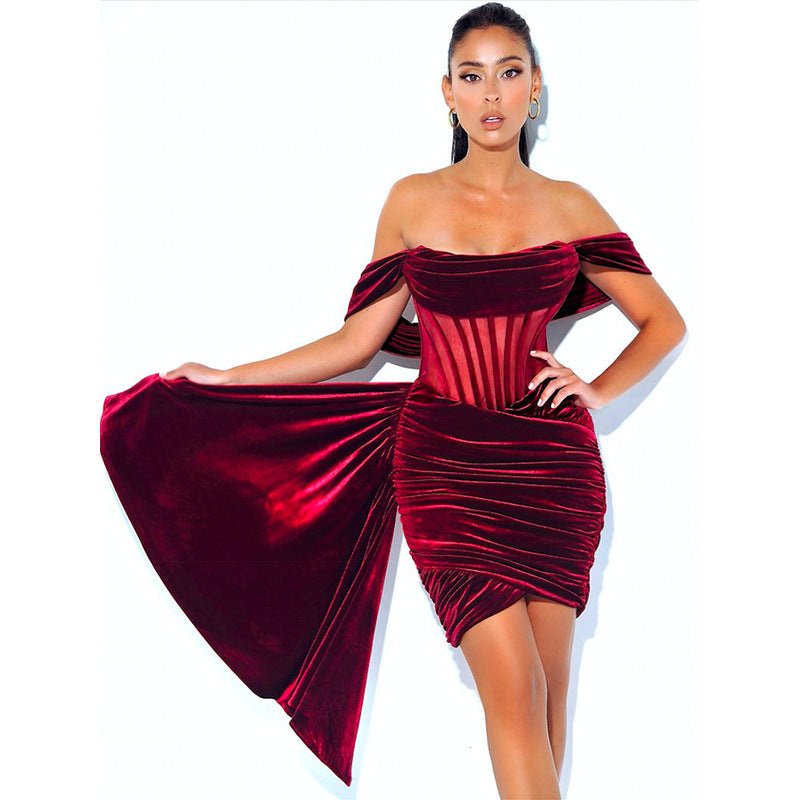 Off Shoulder Fishbone Cinched Bodycon Sexy Party Dress Women 2021 Autumn New