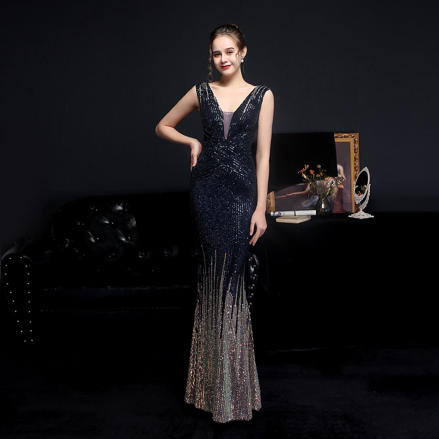 2021 New Banquet Temperament Elegant Long Style Long Sleeve Sequined Atmosphere Queen Fishtail Evening Dress Formal Gown S / Black 2021 New Banquet Temperament Elegant Long Style Long Sleeve Sequined Atmosphere Queen Fishtail Evening Dress Formal Gown S / Black