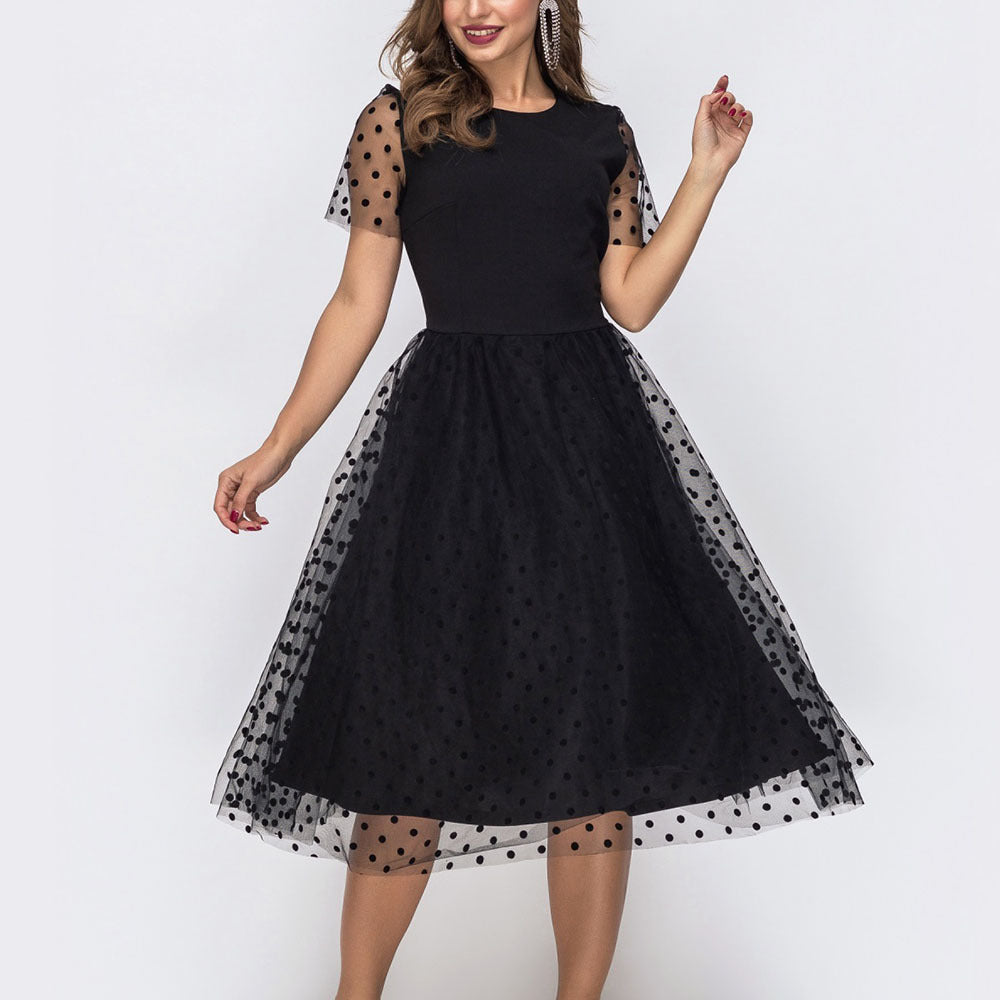 Summer New Women Clothing round Neck See-through Short Sleeve Black French Elegant Dress