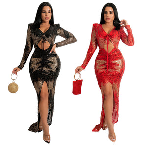 Sexy Long Sleeve Irregular Sequined Party Evening Dress Women Fashionable Fitted Long Sleeve Dress Prom