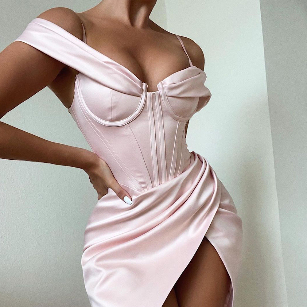 Autumn and Winter New Pleated Small Sling off-Shoulder Satin Temperament Sexy Skirt Slit Prom Formal Dress Dress for Women