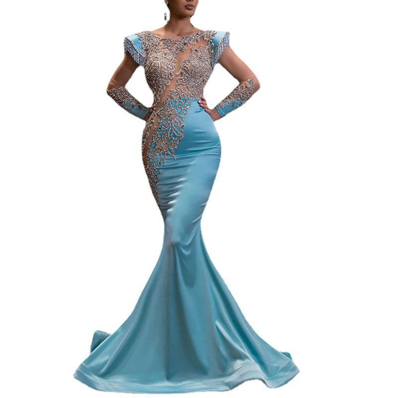 2021 New Daily Light Blue Fishtail Skirt Banquet Long Alluvial Gold Series Slimming Temperament Annual Party Evening Dress Women