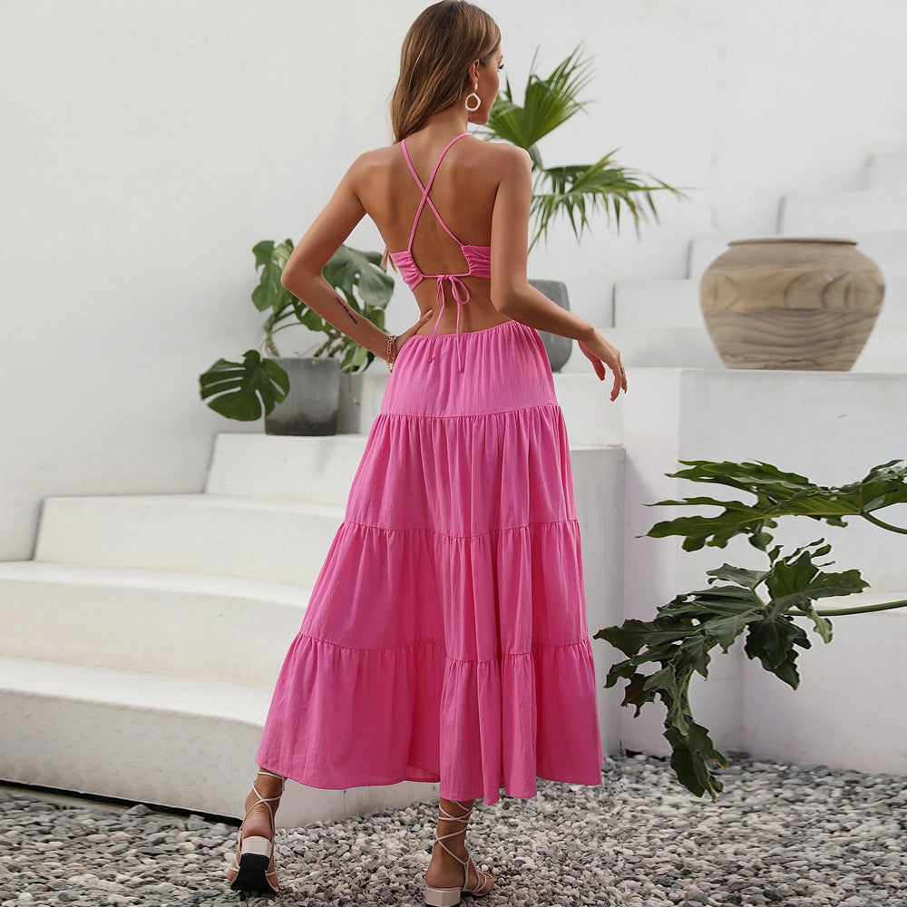 Women Clothing Sexy Casual Style Backless Lace up Elegant Halter Dress tiered dress Maxi Dress