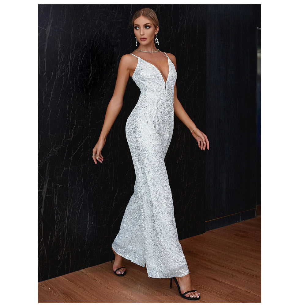 New Women  Clothing Fashion Suspenders Sequin Sequined Deep V Casual One-Piece Trousers Jumpsuit
