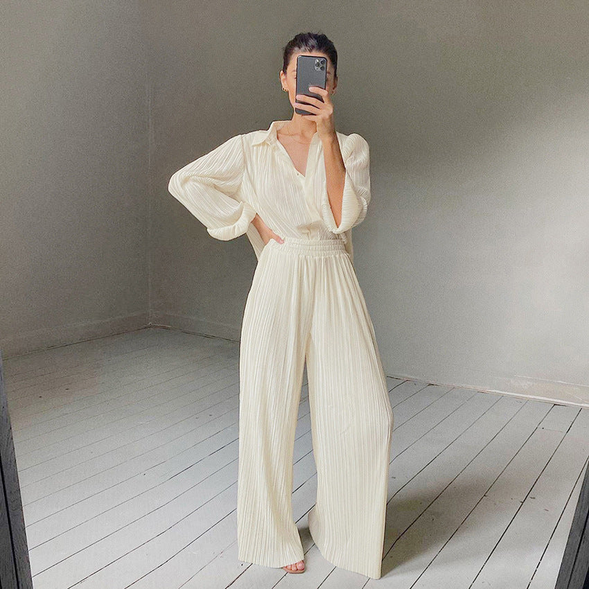 2022 Summer Thin Pleated Pajamas Set Artificial Silk Toothpick Pleated  Fashion Outdoor All-Matching Home Wear for Women