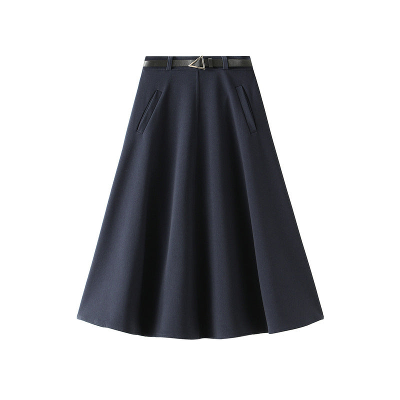 Elegant A- line Umbrella Skirt Skirt for Women Autumn Winter Mid-Length High Waist over Knee Large Swing Skirt with Belt
