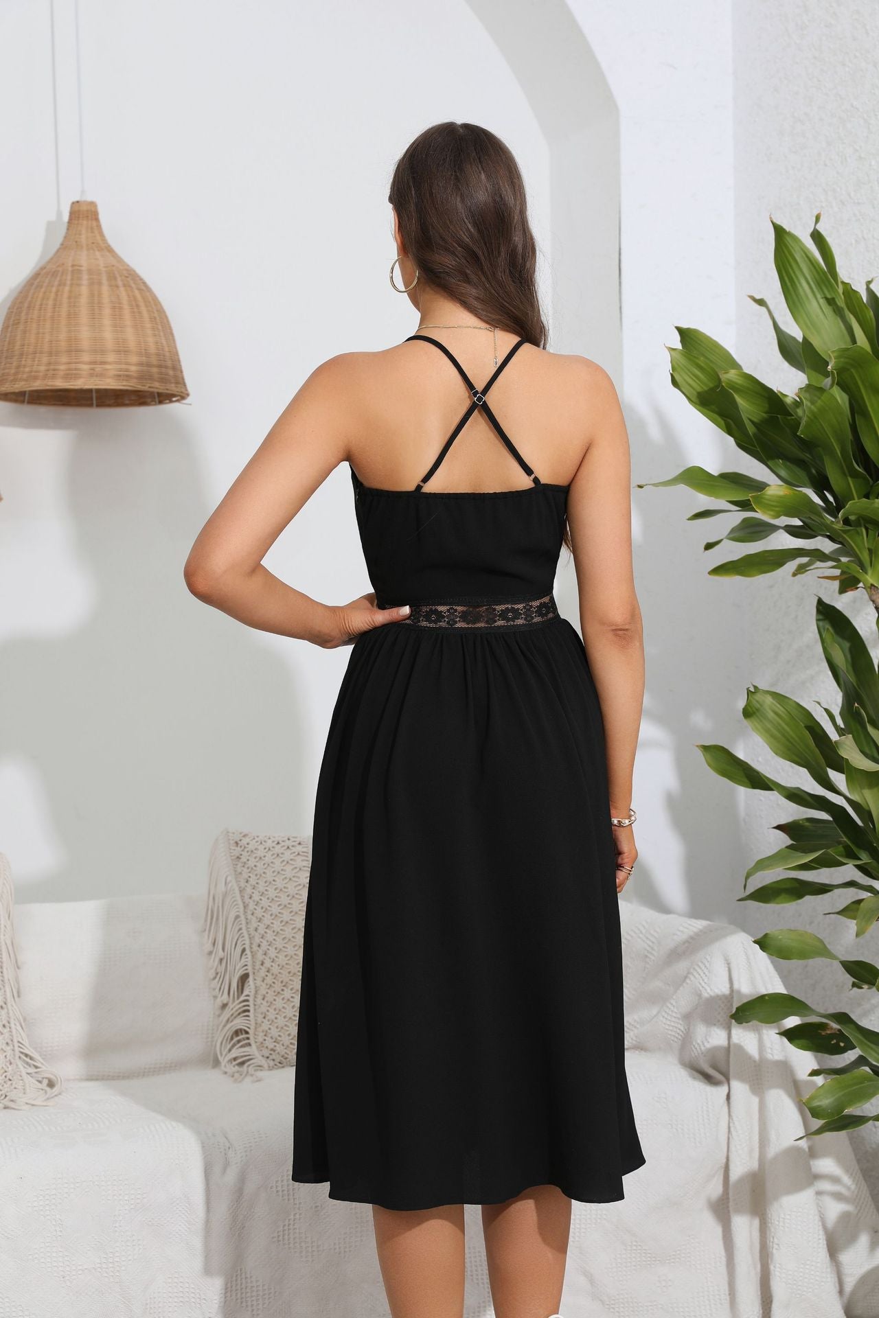 Spring Summer Women Clothing Hollow Criss Cross Out Cutout out V neck Backless Elegant Strap Dress