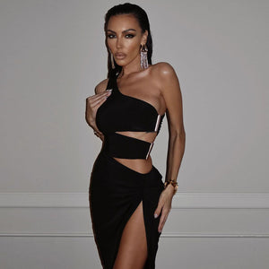 Sexy One Shoulder Twist Hollow Out Cutout Dress Sexy High Split Party Dress