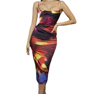 Summer Elegant Sexy Tie-Dyed Printed Low-Cut Cinched Sheath Dress for Women