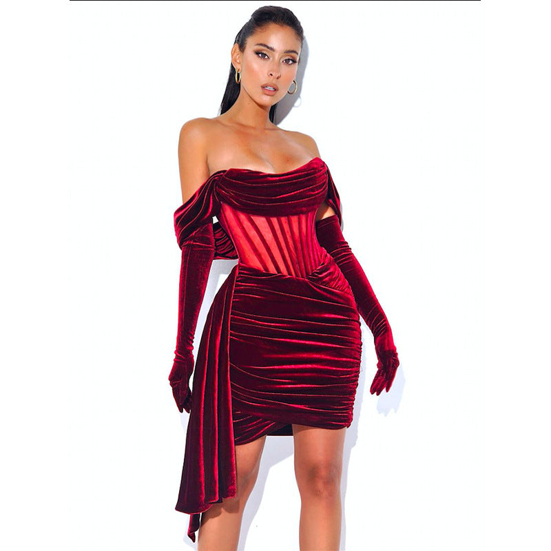 Off Shoulder Fishbone Cinched Bodycon Sexy Party Dress Women 2021 Autumn New