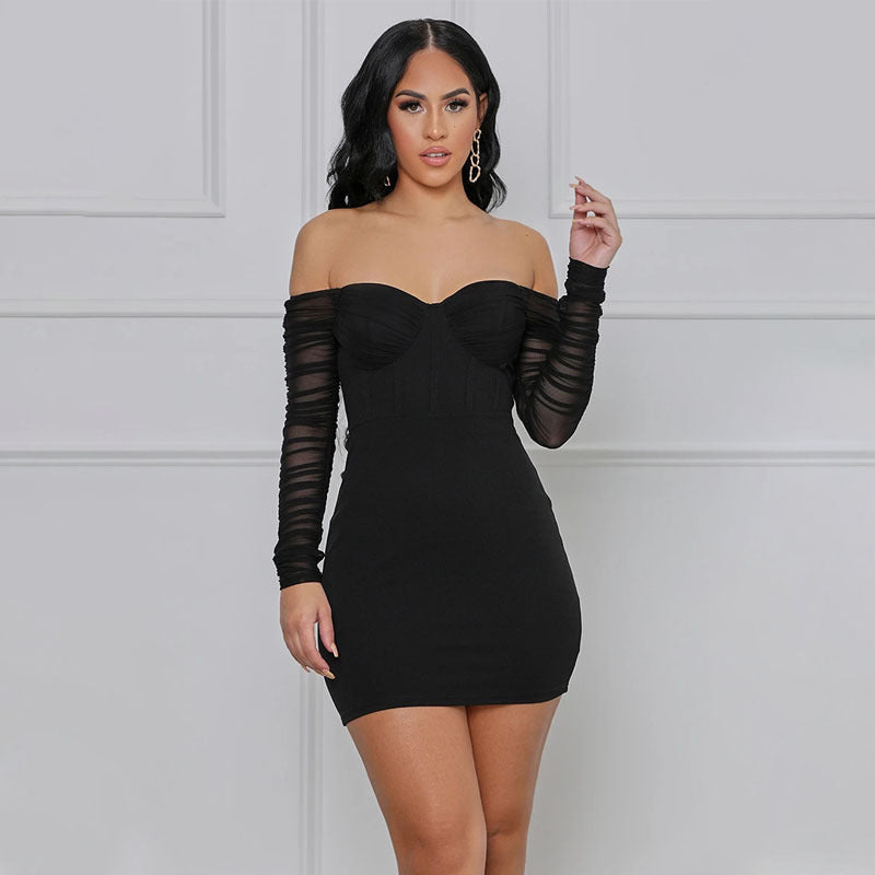 Women Clothing off-Shoulder Mesh Sleeves Wrapped Chest out of the Street Sexy Evening Dress Pleated Dress Short Skirt for Women