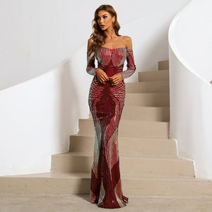 Style Red off-Neck Temperament Sheath Wrapped Chest Wedding Toast Dress Banquet Sequined Evening Dress Prom Formal Gown