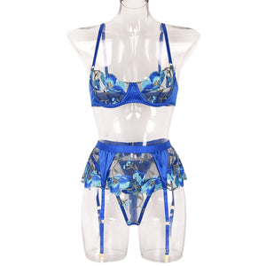 New Sexy Lingerie Set Floral Embroidery Three-Piece Set with Steel Ring Holy Blue Goddess