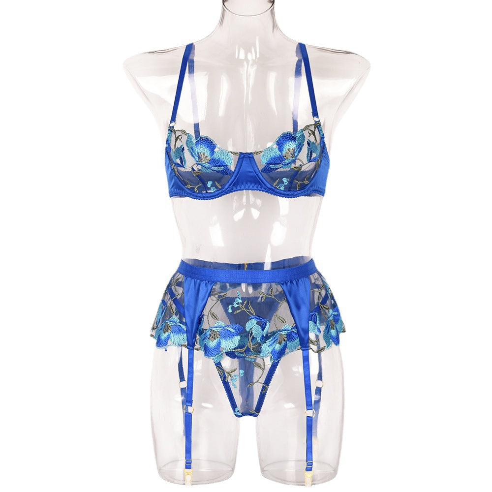 New Sexy Lingerie Set Floral Embroidery Three-Piece Set with Steel Rin Global Fashions GC New Sexy Lingerie Set Floral Embroidery Three-Piece Set with Steel Rin Global Fashions GC