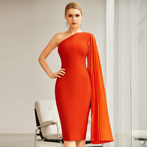 2021 New Dress Sleeveless off-Shoulder Orange Throw Sleeve Solid Color Bandage Dress Dress Evening Dress