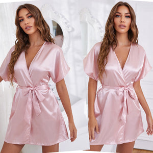 New Style Mid-Length Women V-neck Nightgown Summer Thin Homewear Artificial Silk Lace-up Sexy Pajamas for Women