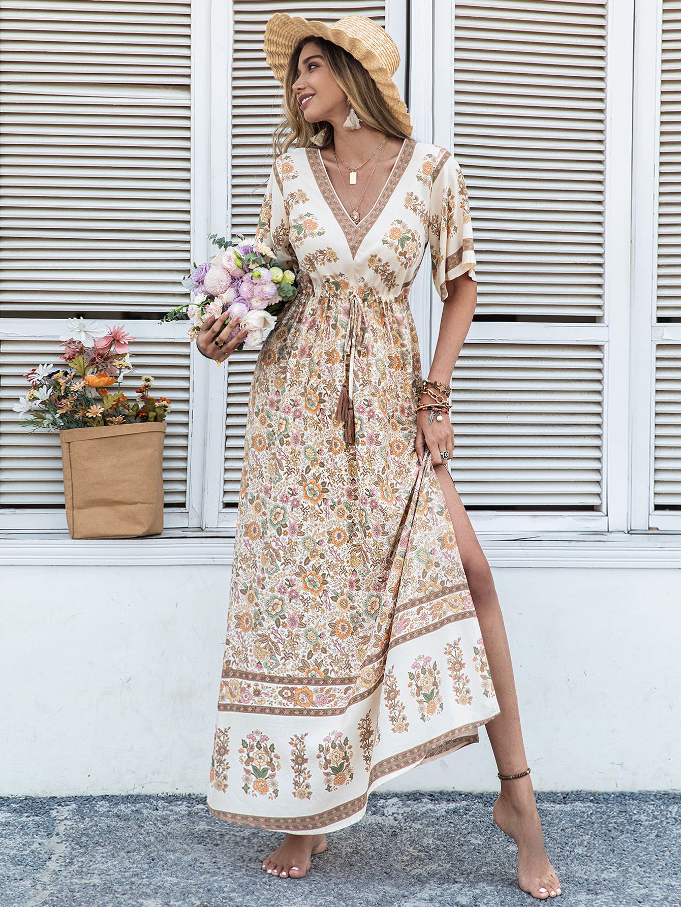 Bohemian Beige Printed Dress Long Tassel Women