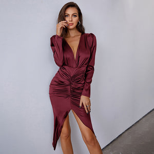 2021 Autumn and Winter New Bubble Long Sleeve Slim Dress V-Neck Irregular Satin Midi Dress Fitted Waist Pleated Dress M / Burgundy 2021 Autumn and Winter New Bubble Long Sleeve Slim Dress V-Neck Irregular Satin Midi Dress Fitted Waist Pleated Dress M / Burgundy