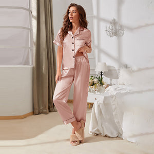 Simple Cardigan Button Ice Silk Pajamas Summer Thin Short-Sleeved Trousers Homewear Suit Satin Chiffon Pajamas for Women