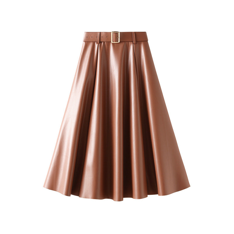 Leather Skirt Skirt Mid-Length Autumn Winter New High Waist A- line Skirt Large Swing Skirt Slimming Female Dress