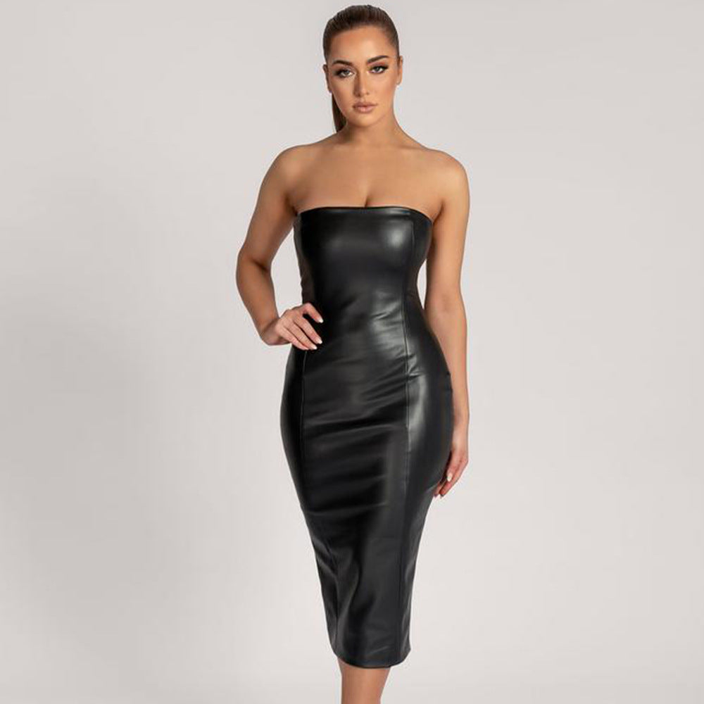 Autumn and Winter Solid Color PU Leather Elegant Slim-Fit Tube Top Bac Global Fashions GC Autumn and Winter Solid Color PU Leather Elegant Slim-Fit Tube Top Bac Global Fashions GC