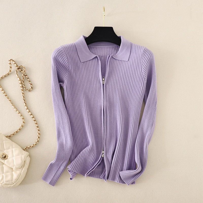 new Knitted Bottoming Shirt Solid Color Slim Fit Top Long Sleeve Polo Collar Women Short Sweater Autumn Winter