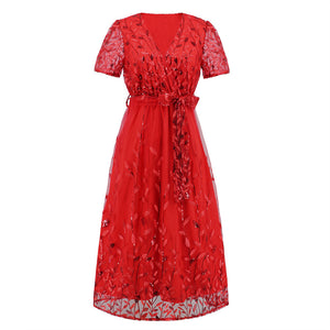 Women Embroidered Bright Yarn Mesh Dress Fashionable Slim Fit V neck Mid Length Dress